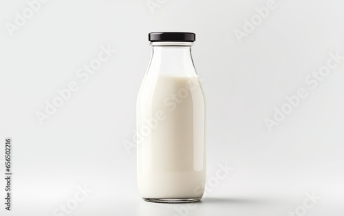 A bottle of milk on a white background with copy space. Glass product container mockup. Organic and healthy food concept. photo