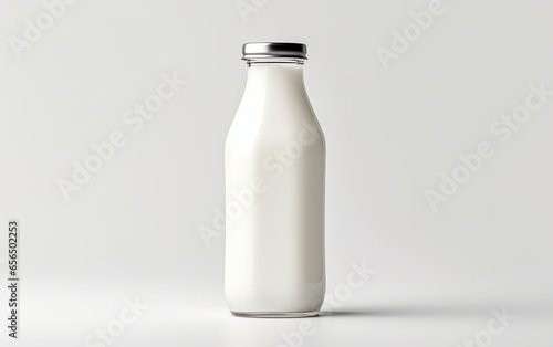 A bottle of milk on a light gray background with copy space. Glass product container mockup. Organic and healthy food concept.