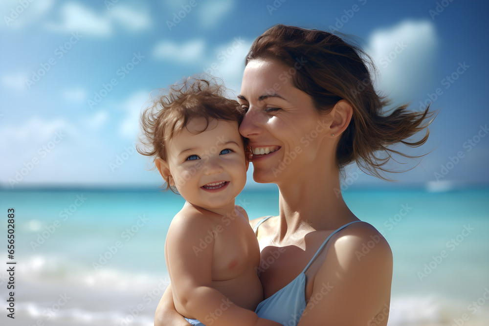 mother and child on beach mother and child on beach