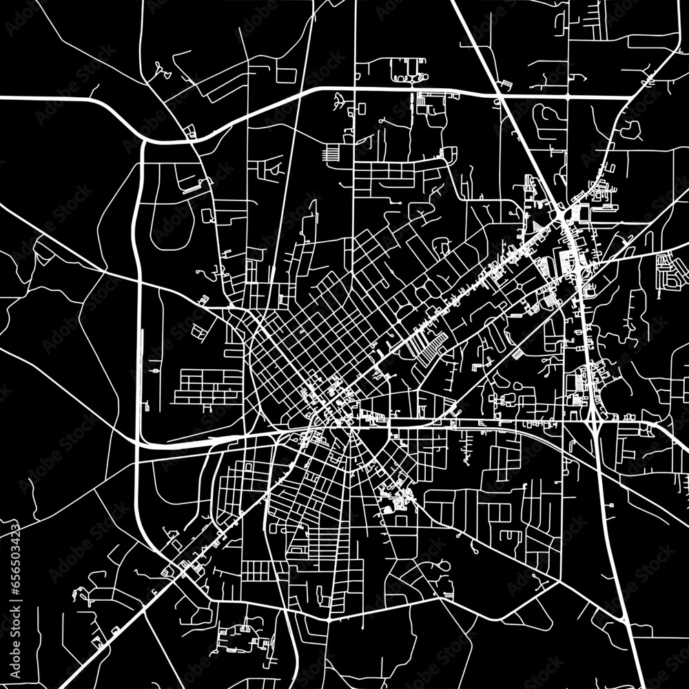 1:1 square aspect ratio vector road map of the city of  Thomasville Georgia in the United States of America with white roads on a black background.
