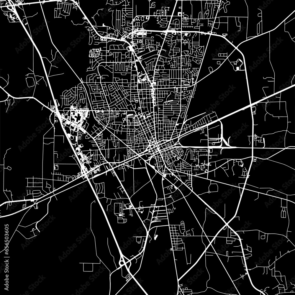 1:1 square aspect ratio vector road map of the city of  Valdosta Georgia in the United States of America with white roads on a black background.