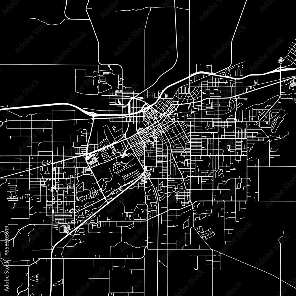 1:1 square aspect ratio vector road map of the city of Walla Walla Washington in the United States of America with white roads on a black background. 1:1 square aspect ratio vector road map of the city of Walla Walla Washington in the United States of America with white roads on a black background.