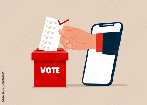 Online voting through telephone. Hand putting paper ballots to election box. Voters casting ballots at the polling place. Flat vector illustration