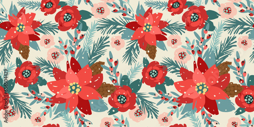 Christmas and Happy New Year seamless pattern. Christmas tree, flowers, berries. New Year symbols. Vector design