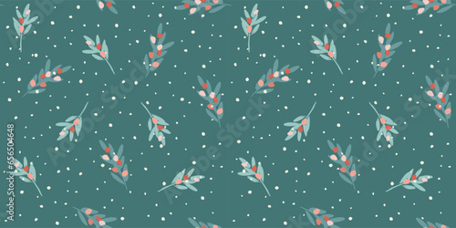 Christmas and Happy New Year seamless pattern. Branches, leaves, berries, snowflakes. New Year symbols. Trendy retro style. Vector design