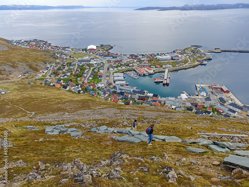 The scenery of Honningsvag town from the top of Storfjellet mountain, Mageroya Island, Norway photo
