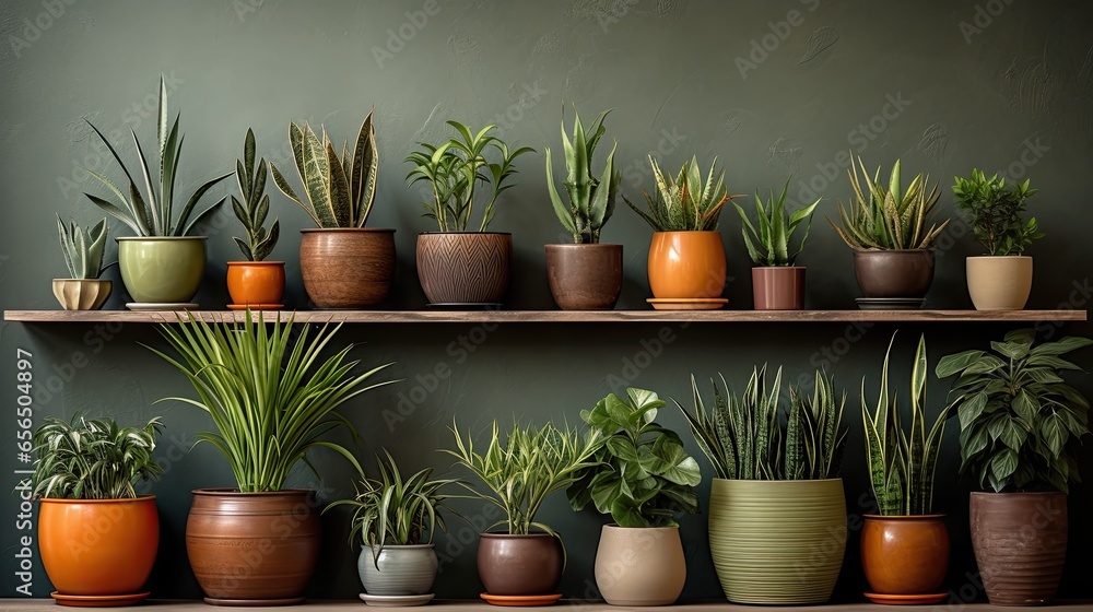 Many plants in pots in row at wall background, Home gardening concept. Many plants in pots in row at wall background, Home gardening concept.