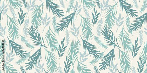 Christmas and Happy New Year seamless pattern. Spruce branches, snowflakes, snow. Trendy retro style. Vector design