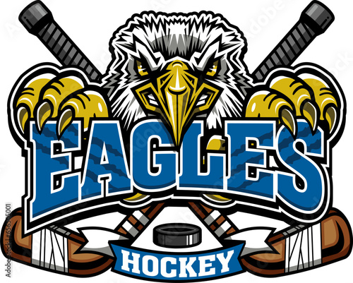 eagles hockey team design with mascot and crossed sticks for school, college or league sports