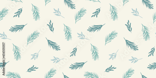 Christmas and Happy New Year seamless pattern. Spruce branches, snowflakes, snow. Trendy retro style. Vector design