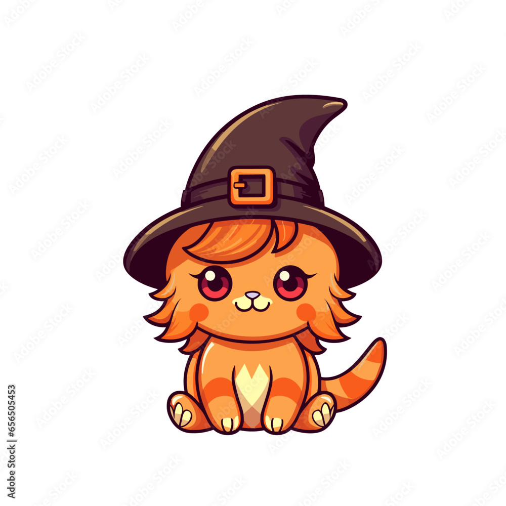 Halloween cute witch cat vector clipart. Good for fashion fabrics, children’s clothing, T-shirts, stickers, postcards, covers, email header, wallpaper, banner, advertising, and more.