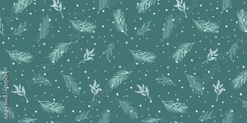 Christmas and Happy New Year seamless pattern. Spruce branches, snowflakes, snow. Trendy retro style. Vector design