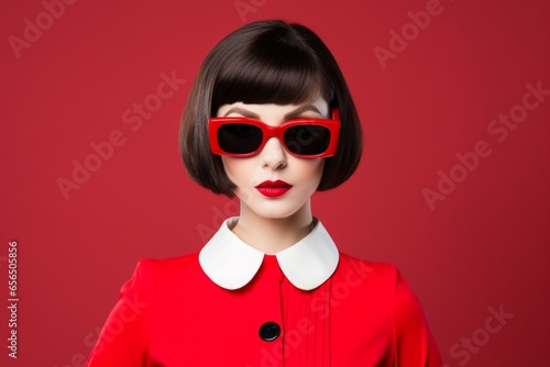 A stylish woman in a vibrant red outfit and sunglasses