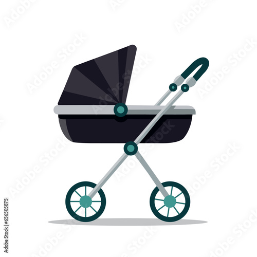Baby carriage isolated on white background. Black stroller for babies. Vector stock