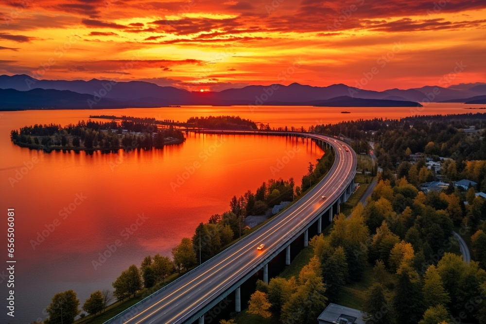 A beautiful sunset over a scenic highway and tranquil body of water