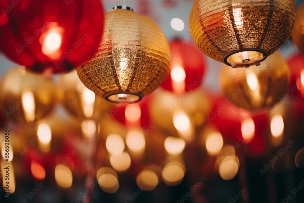 chinese new year, Red and yellow lanterns hanging from a ceiling in a vibrant display chinese new year, Red and yellow lanterns hanging from a ceiling in a vibrant display