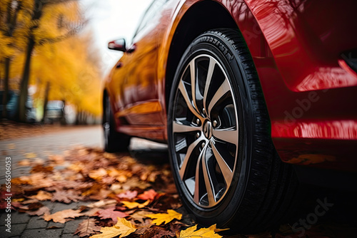 New red car wheel on autumn leaves	
 photo
