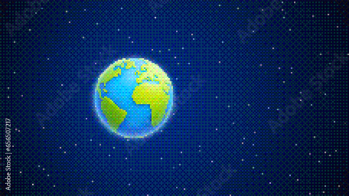 Pixel art cartoon planet Earth floating alone in outer space on cosmic starry space background. Pixelated planet Earth for 8-bit retro game with dithering effect. Vector illustration