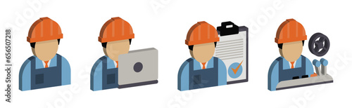 Engineer and Machine Operator Managing and Manufacturing Icons Isometric Vector Set