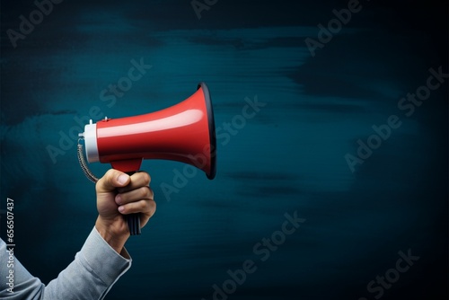 A hand holding a megaphone against a blue chalkboard background photo