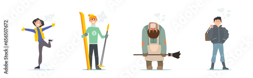 People Characters in Warm Winter Clothes Walking Outdoor in Cold Season Vector Set