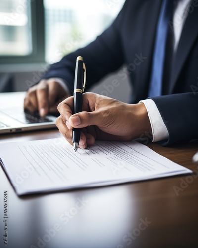 In a close-up shot, a businessman's hand grips a pen with precision, signing a crucial contract. 