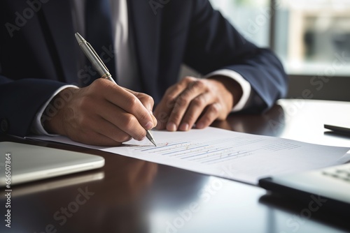 In a close-up shot, a businessman's hand grips a pen with precision, signing a crucial contract. 