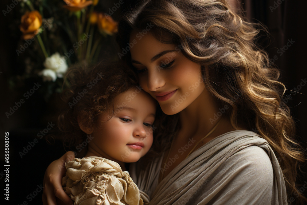 Mother tenderly cradling her child in her arms, radiating the boundless love and affection that defines the concept of motherly love. Ai generated Mother tenderly cradling her child in her arms, radiating the boundless love and affection that defines the concept of motherly love. Ai generated