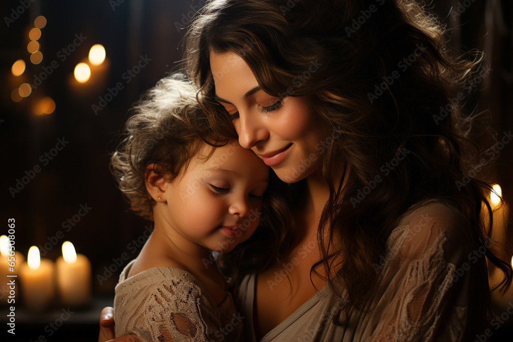 Mother tenderly cradling her child in her arms, radiating the boundless love and affection that defines the concept of motherly love. Ai generated - obrazy, fototapety, plakaty 