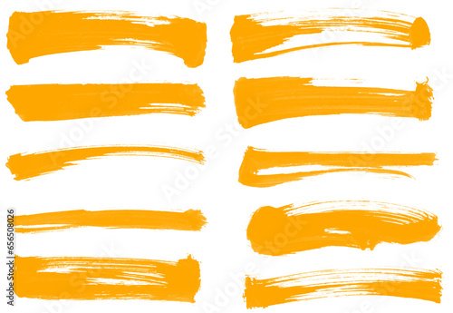 Big set of yellow Grunge paint brush stroke, grungy lines, frames, artistic design elements on white background. Royalty high-quality free stock image Ink splash, splatter dirty watercolor texture 
