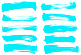 Big set of blue Grunge paint brush stroke, grungy lines, frames, artistic design elements on white background. Royalty high-quality free stock image Ink splash, splatter dirty watercolor texture 