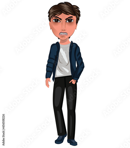 Disgusted Boy in Stylish Hoodie - Vector Character Art - A realistic boy wearing hoodie, T-shirt, jeans, shoes. Stylish fashion casual style cartoon drawing. Hand drawn vector character art.