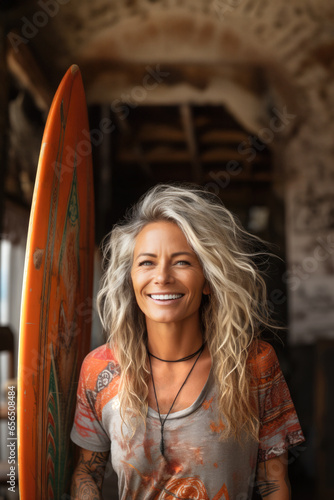 A mature woman on a beach hut with a surfboard.