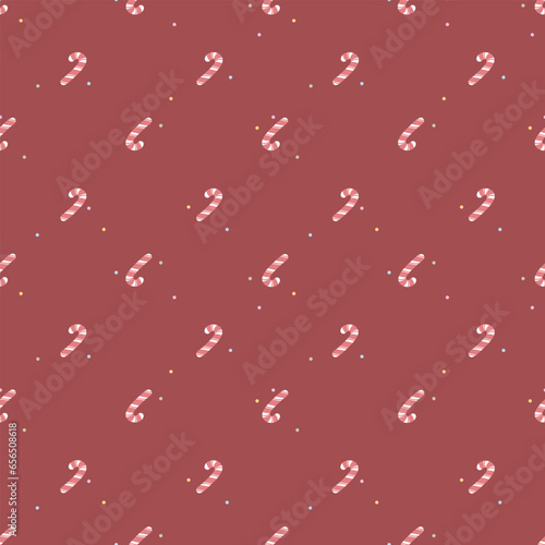 Seamless vector pattern with cute hand drawn red and white candy canes. Trendy minimalistic Christmas texture. Scandi theme background for gift, wrapping paper, packaging, fabric, textile, wallpaper.