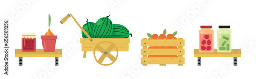 Harvest with Fresh and Ripe Organic Food and Product Vector Set