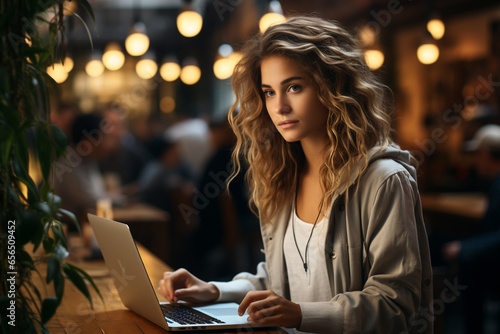 Young woman working on her laptop, remotely in a cozy ambiance of a coffee shop. Ai generated