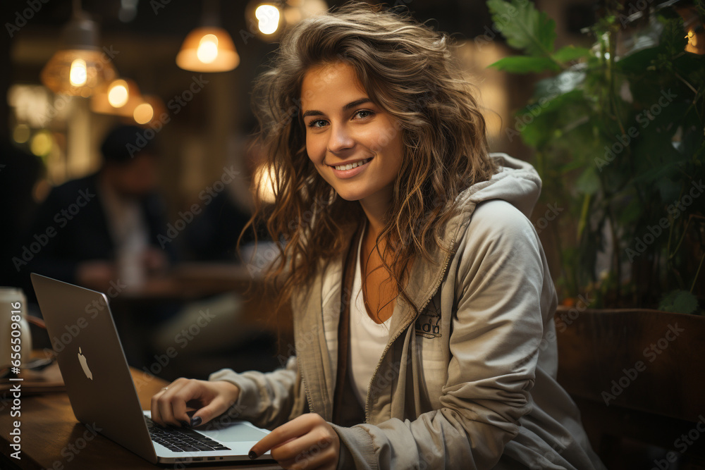Young woman working on her laptop, remotely in a cozy ambiance of a coffee shop. Ai generated Young woman working on her laptop, remotely in a cozy ambiance of a coffee shop. Ai generated