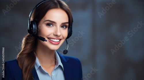 The call center, service consultant and customer support contact us with a smile using CRM, a headset with a microphone.
