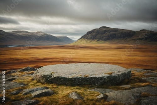 Beautiful Scottish Highlands landscape with flat  empty Rocksurface for product presentation. Generative AI.