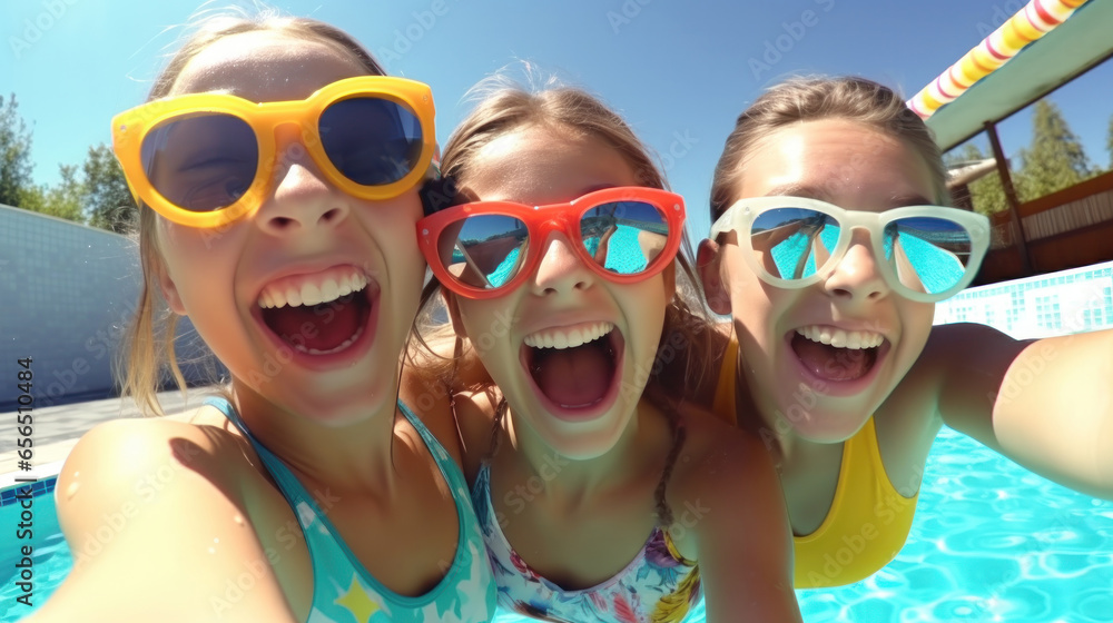 Joyful Teen Girls in Sunglasses, Laughing and Taking a Poolside Selfie, Embracing the Fun of an Active Summer Vacation and Sunny Water Activities.. Joyful Teen Girls in Sunglasses, Laughing and Taking a Poolside Selfie, Embracing the Fun of an Active Summer Vacation and Sunny Water Activities..