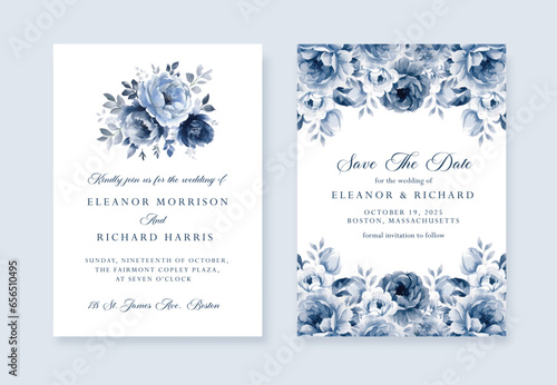 Watercolor Navy blue floral wedding invitation cards template