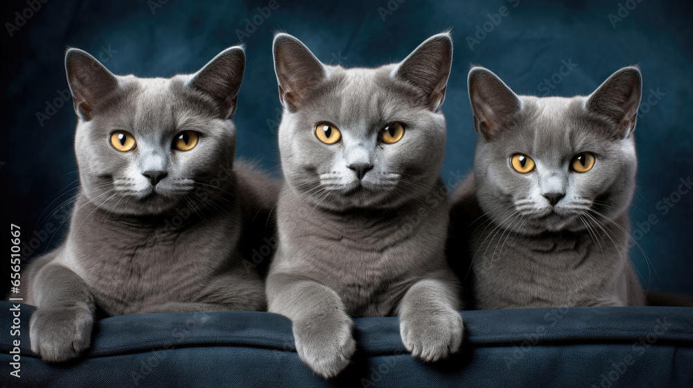Group of cats of breed Russian Blue close up