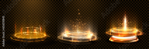 Fantastic energy stage, podium teleport with hologram, golden neon glow, magic portal