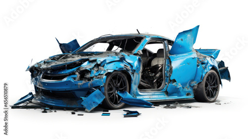 Severely Crashed Blue Car in Complete Ruin on a Clean White Background, Capturing the Aftermath of a Devastating Collision..