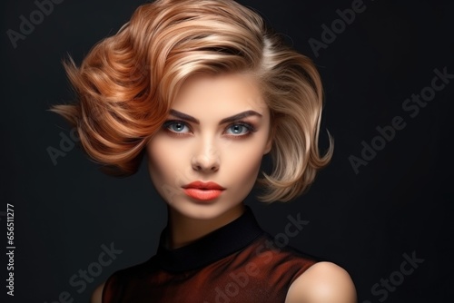 Portrait of a beautiful woman with short hair. Dark background.