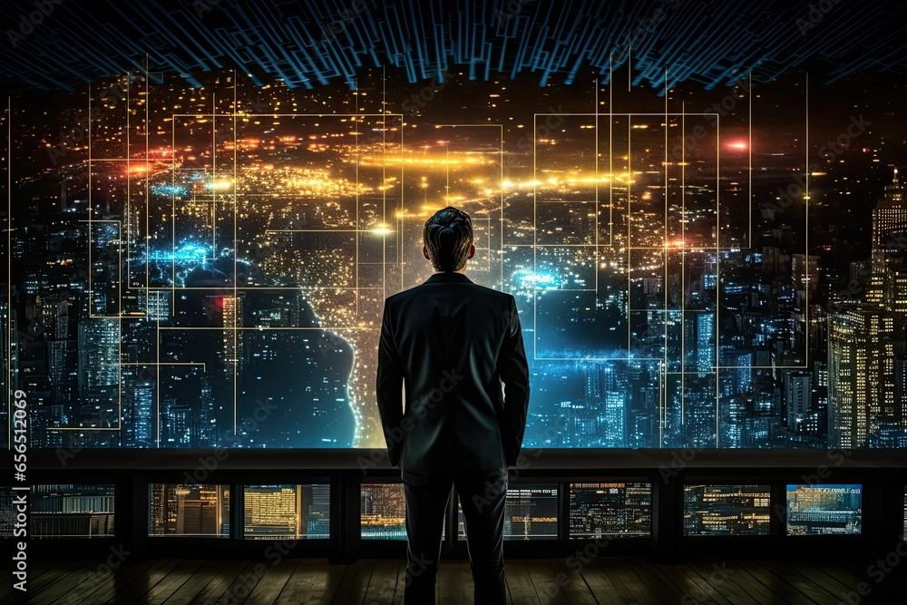 Fototapeta premium Rear view of businessman looking at night cityscape and connection concept, hologram, futuristic business concept, business and trade, blockchain technology management