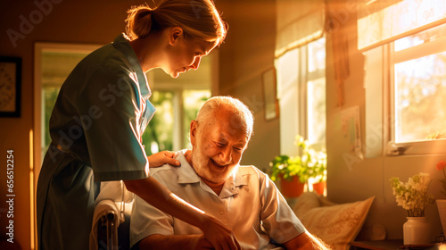 senior man receiving medical help from a visiting nurse in the comfort of his own home photo