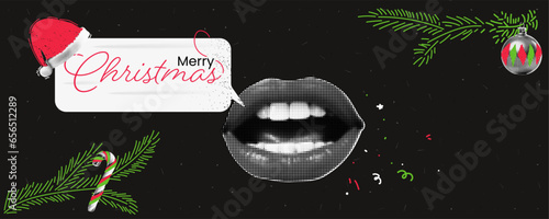 Christmas themed postcard. With a womans mouth open and a speech bubble. Christmas party invitation banner with doodles, Christmas tree and lollipop. Vector modern illustration.