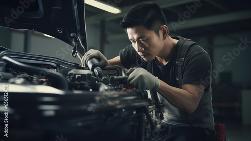 Skilled Auto Mechanic: Young Asian Man Repairing a Car in an Automotive Workshop, Ensuring Smooth Running and Safe Driving.