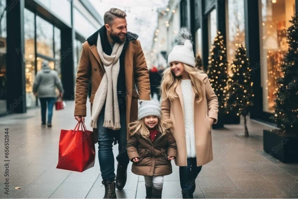 Happy Caucasian family goes shopping for New Year